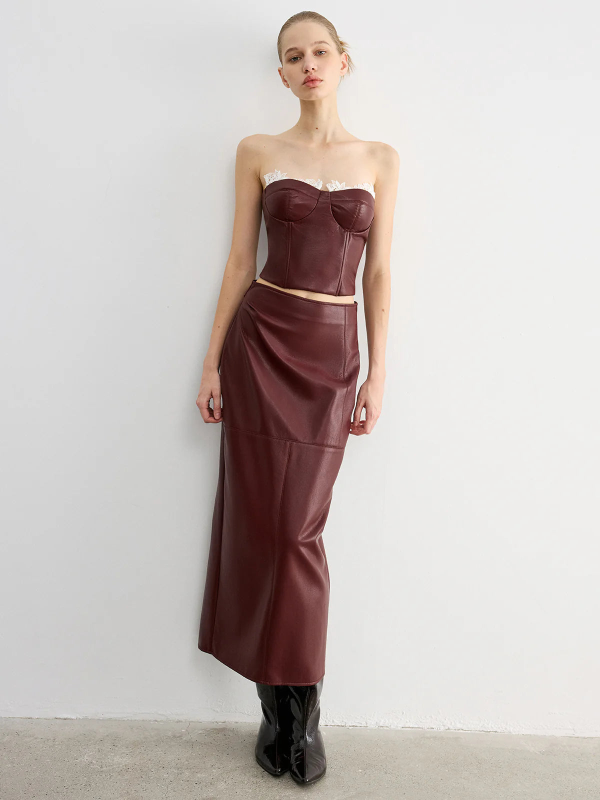 Lace Trim Faux Leather Skirt Set with Removable Straps